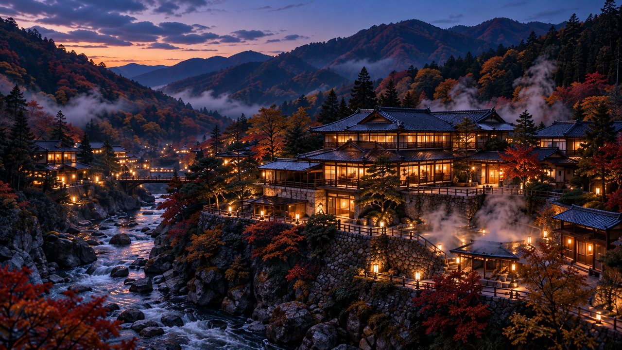 夕暮れの宿と紅葉の渓谷